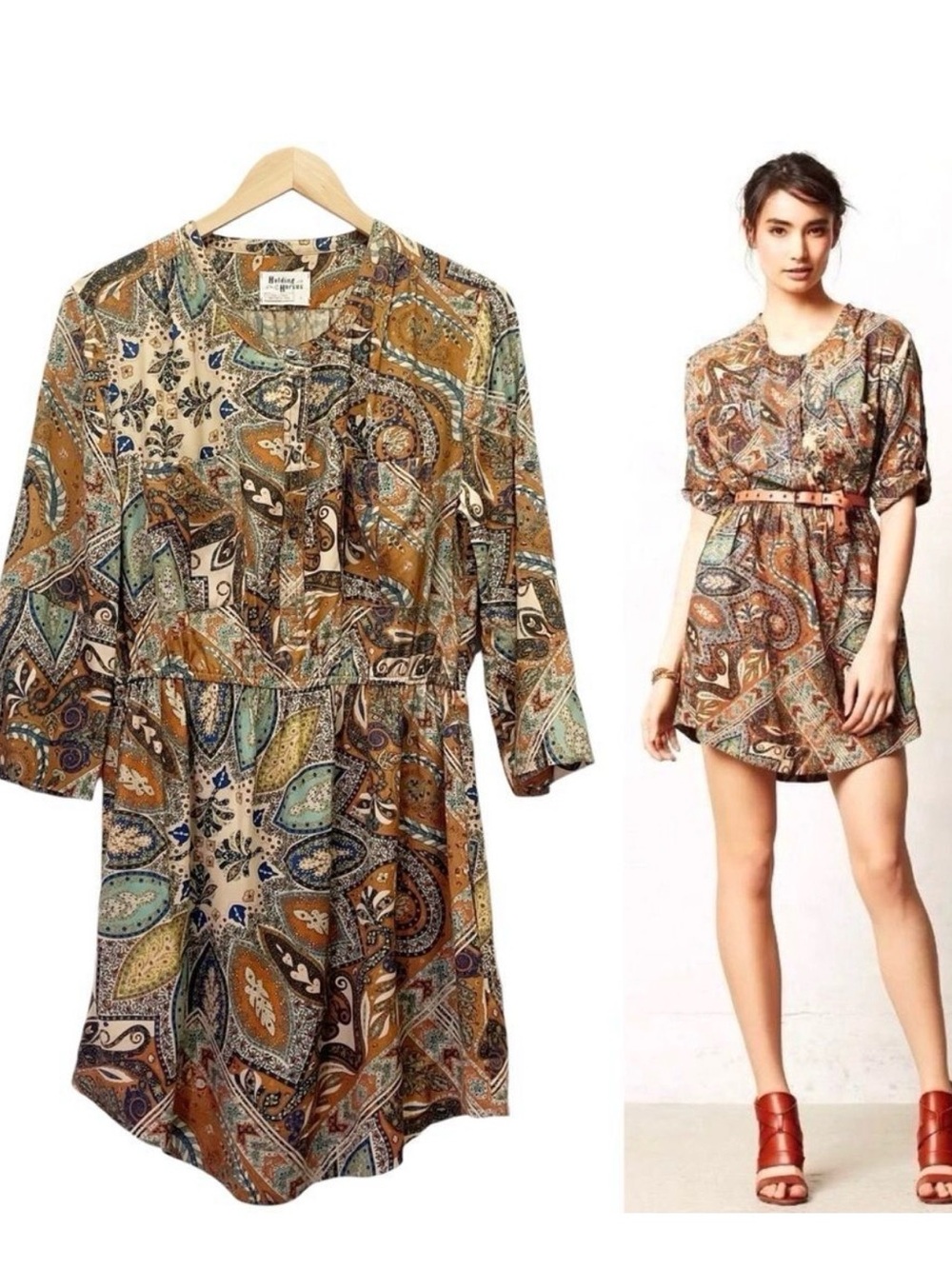 HOLDING HORSES Paisley Mini Dress in Tan, Cream, Green & Blue